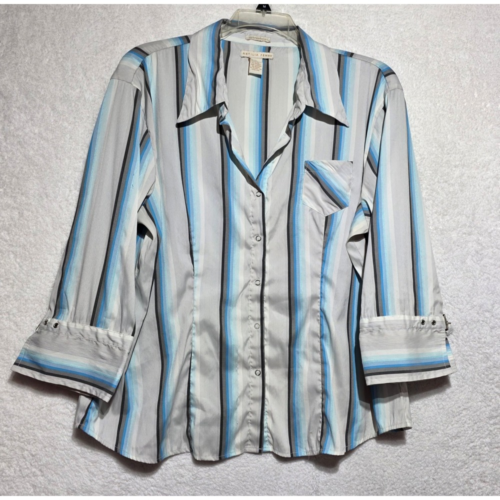 Antilia Femme Women's 3X Blue Grey Striped Stretch Button Down 3/4 Sleeve Shirt